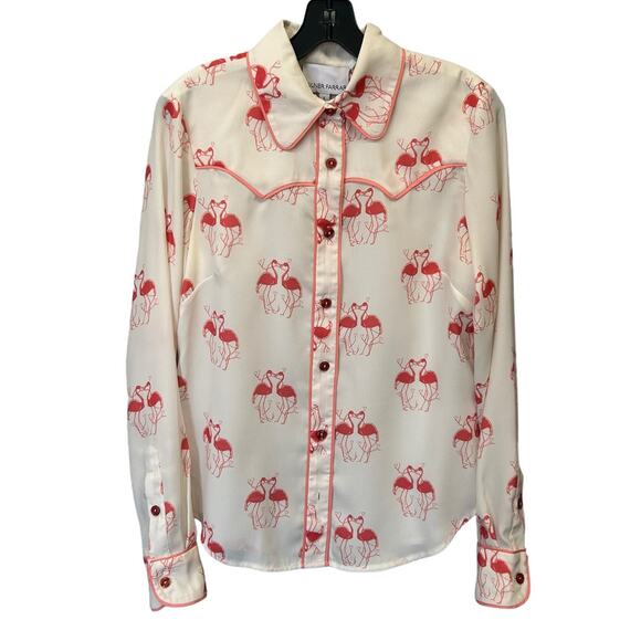 NWD Gilner Farrar White Flamingo Print Long Sleeve Button Up Farah Top Small - Picture 1 of 10